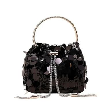 Imagem de Bolsa de ombro de corrente de lantejoulas para presente com alça redonda borla bolsa transversal mini balde brilhante bolsas femininas, Preto