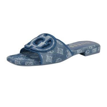 Imagem de GUESS Sandália feminina Tarishae rasteira, Logotipo jeans azul 421, 38