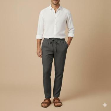 Imagem de Calça Masculina de Linho Reta Elástico com Cordão Confortável Casual S