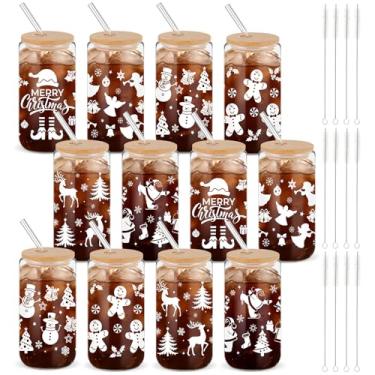 Imagem de Yetene Conjunto de 12 copos de vidro de Natal de 473 ml com tampa de bambu e canudo Papai Noel boneco de neve copos de café gelado de inverno presentes de Natal para mulheres, decoração de aniversário