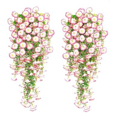 Imagem de 2 conjuntos de flores suspensas, glória mista têxtil e folhas de eucalipto, resistentes a raios UV, plantas artificiais reais