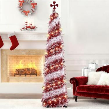 Imagem de Árvore de Natal pop-up de 1,8 m com luzes e decorações de topo de árvore de doce, árvore de Natal skinny de prata vermelha, árvore de lápis dobrável, decoração de Natal para casa, sala de aula