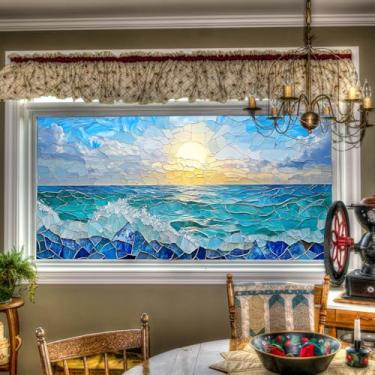 Imagem de HOMETITUTE Película para janela do nascer do sol oceano capa de vidro onda do mar, decalque decorativo adesivo decorativo removível para sala de estar, quarto, escritório, loja, porta, decoração de