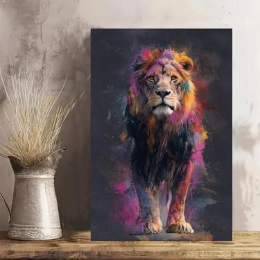 Imagem de Leão colorido com respingos de tinta vintage rústica arte de parede - Pôster sem moldura de 30,5 x 45,7 cm - Decoração de casa e escritório para sala de estar, quarto, cozinha e café