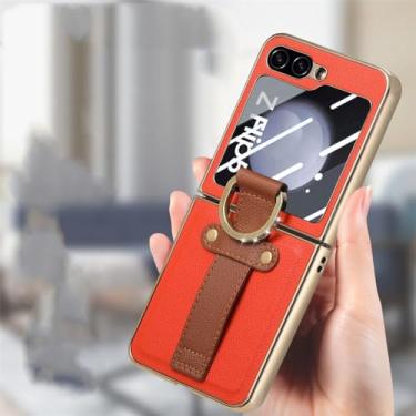 Imagem de Capa de couro para celular para Samsung Galaxy Z Flip 5 Flip5 Flip4 Flip 4 5G Proteção contra quedas Capa de filme de vidro temperado, laranja, para Samsung Z Flip 5
