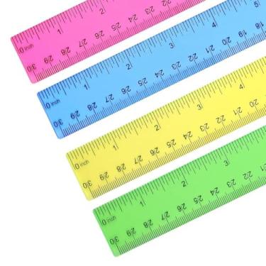 Imagem de 4 peças de régua reta de plástico transparente, cores sortidas de 30 cm, à prova de estilhaçamento com centímetros e centímetros para escola, casa ou escritório