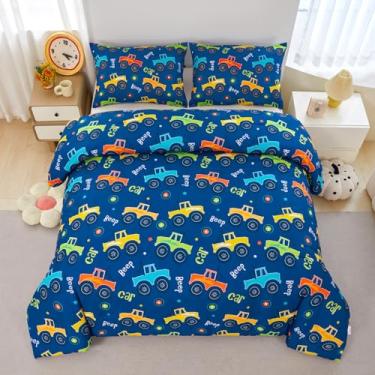 Imagem de ZRNBAST Conjunto de edredom infantil casal com desenho animado de 3 peças, caminhões, azul escuro, com fronhas, para decoração de quarto e cama todas as estações