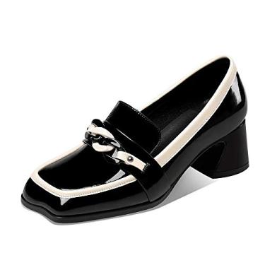 Imagem de TinaCus Mocassins femininos de couro envernizado, bico quadrado, feitos à mão, cores sortidas, salto grosso, com corrente, Bege, 38