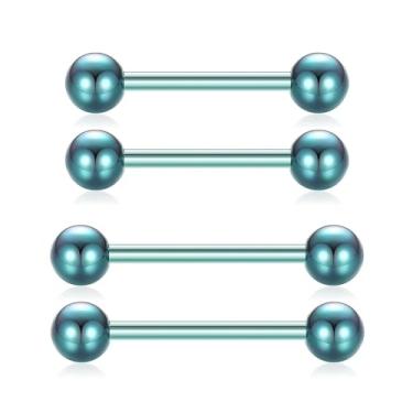 Imagem de QUZIONE Joias de piercing de mamilo, halteres de titânio G23 14G 14 mm 12 mm Anéis de língua rosqueados internamente barra reta, joia corporal hipoalergênica para homens e mulheres, 1 par (azul lago)