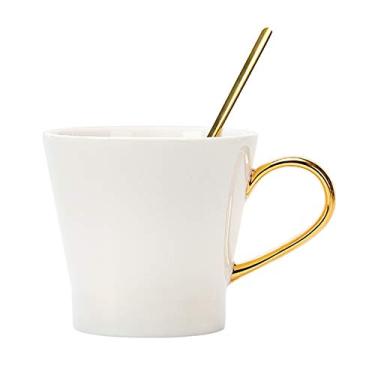 Imagem de EPOTRDCV Xícara de café de porcelana branca fina, latte latte, com colheres douradas, xícara de chá de porcelana de 350 ml para bebidas de café especiais, café com leite, café mocha e