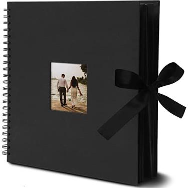 Imagem de Álbum de recortes preto com fita de seda e janela de capa - Livro de fotos encadernado em espiral para casamento e aniversário - Álbuns de fotos (80 páginas, 30 x 30 cm)