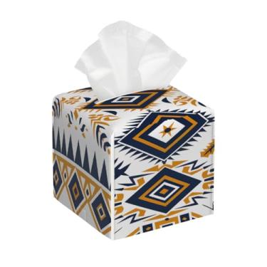 Imagem de Porta-lenços de couro quadrado impermeável asteca étnico boêmio organizador de papel facial com cinto inferior cubo estojo de lenços para mesa, banheiro, escritório, mesa, carro, decorativo