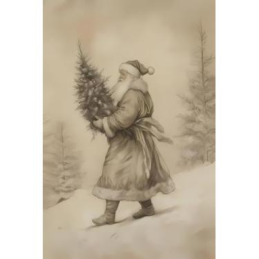Imagem de CATOSORB Arte de parede vintage de Natal, desenho neutro, Papai Noel, segurando árvore, pôster, imagem de Natal, decoração de parede, inverno, floresta, férias, impressão em tela para sala de estar