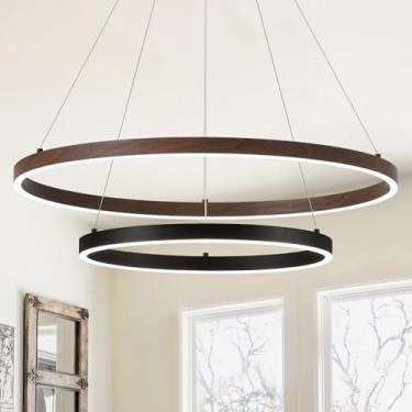 Imagem de CaraLuxe Lustre de LED com 2 anéis, lustre de madeira de nogueira preta para sala de jantar, lustres circulares reguláveis de 61 cm, lustres redondos leves para quarto, cozinha, entrada, sala de estar