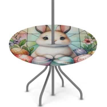 Imagem de hongjinglin Toalha de mesa de Páscoa para uso ao ar livre com orifício para guarda-chuva, toalha de mesa redonda elástica com zíper, impermeável, limpável, para piquenique, festa, pátio, serve para
