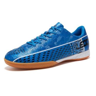 Imagem de LEOCI Tênis de futebol masculino esportivo feminino de borracha futsal para treinador, sola plana para treinamento, Sola lisa azul-real e preta, 37/38 BR