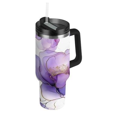 Imagem de SEHANY Copo de mármore roxo de 850 g com tampa e canudo, aço inoxidável de vácuo duplo isolado garrafa de água esportiva suporte para copo de café de viagem à prova de vazamento para bebida gelada