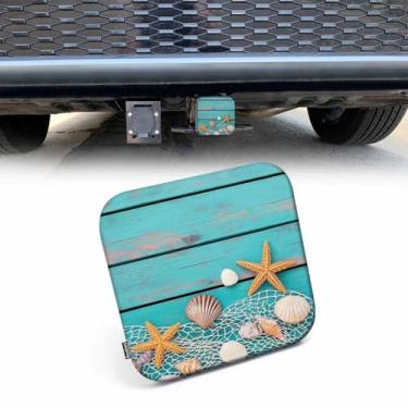 Imagem de Beabes Capa de engate de conchas de praia rústica rede de pesca e estrela do mar azul turquesa de madeira de borracha para engate de reboque tampas de tubo receptor tampa para receptores de 5 cm para caminhões, SUVs carros