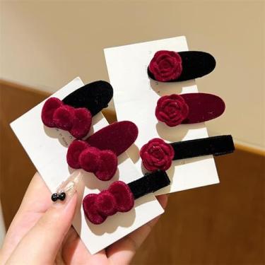 Imagem de 6 peças de grampo de cabelo de camélia com laço flocado e franja de bico de pato para mulheres e meninas