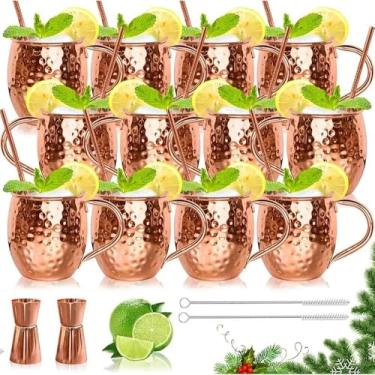 Imagem de LINALL Canecas de cobre Moscow Mule - Conjunto de 12 canecas de aço inoxidável banhadas a cobre 510 g, para bebidas geladas (12 peças)
