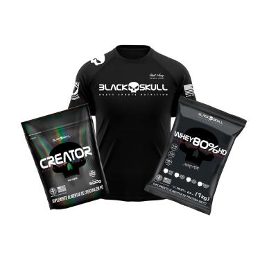 Imagem de Kit Whey 80% HD + Creatina Creator 500g + Camiseta Dry Fit Black Skull (Banana+ XGG)