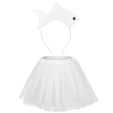 Imagem de Shyyween Conjunto de fantasia de peixe, peixe marinho, peixinho dourado, faixa de cabeça e tutu para mulheres, acessórios de carnaval (branco, 2 peças)
