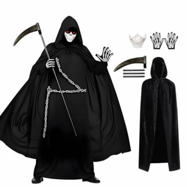 Imagem de CFGPMM Fantasia de Ceifador de Halloween, máscara de caveira assustadora com capa preta com capuz, luvas de esqueleto e foice da morte para cosplay de terror (preto, 177,8 cm)