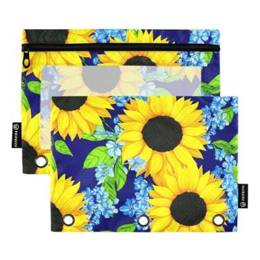 Imagem de Girassóis amarelos flores azuis bolsa para lápis 3 anéis fichário com zíper bolsa lápis tecido caneta escolar bolsos transparentes meninos 25 cm x 18 cm, 2 pacotes