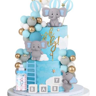 Imagem de Acmee 44 peças de topo de bolo de elefante - Mini elefante 3D letras de bebê garrafa de leite bolas de espuma dourada azul topo de bolo para meninos meninas festa de aniversário decoração de bolo de