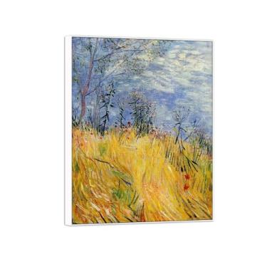 Imagem de BMZFYBS Vincent van Gogh Famosa pintura em tela de arte de parede pronta para pendurar. Borda do campo de trigo. Imagem em moldura branca para decoração de sala de estar 50 x 65 cm 20 x 26 pol