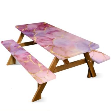 Imagem de ANNA QUEEN Capa de mesa de piquenique ouro rosa de 1,8 m com capas de banco, conjunto de 3 peças de 182,88 cm x 76,2 cm, proteção de móveis para banco e toalha de mesa