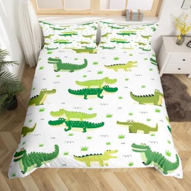 Imagem de Erosebridal Capa de edredom de crocodilo, tamanho queen, grama, para crianças, meninos, meninas, desenhados à mão, crocodilo, simples, capa de edredom com estampa de crocodilo verde fofa, roupa de