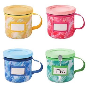 Imagem de 4 peças de mangas de neoprene para sorvete com estampa de tinta, com alça de suporte para colher e ranhura para placa de nome, capa de manga isolada lavável e reutilizável para acessórios de