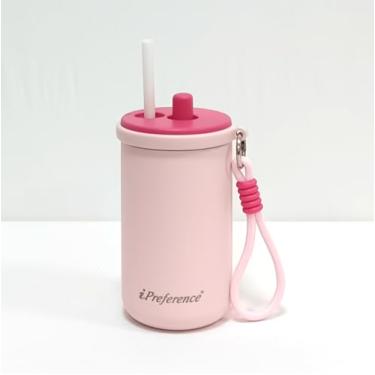 Imagem de iAngeTou Copo isolado a vácuo de aço inoxidável 316 com alça e canudo, xícara de café portátil de 400 ml, retenção de temperatura de 12 a 24 horas (Rosa-IAT)