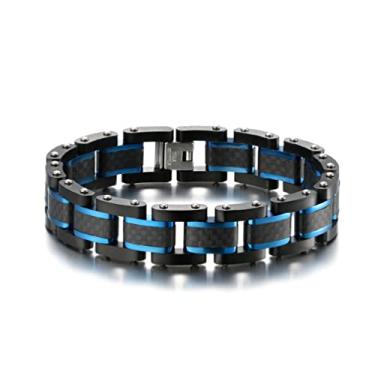 Imagem de Qing Birdee Pulseira masculina de fibra de carbono, corrente de aço inoxidável, 21 cm, 15 mm de largura, disponível em azul, prata, ouro rosa, 8.5 Inches, Aço inoxidável, Sem Pedra Preciosa