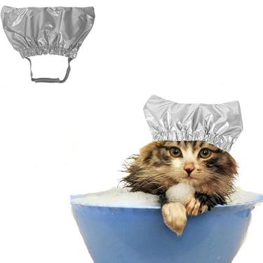 Imagem de KUNBIUH Touca de banho para animais de estimação - Touca de banho reutilizável para cães com alça ajustável para evitar água nas orelhas, arnês elástico para gato, cachorro, gatinho, filhote (prata, M