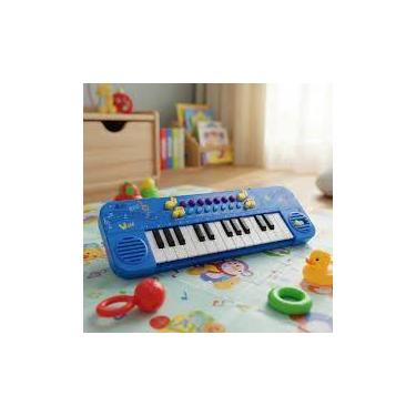 Imagem de Kit Teclado Musical Infantil com Microfone Azul Brinquedo Educativo e 