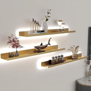 Imagem de Prateleiras flutuantes para parede, prateleira suspensa de metal iluminada, prateleira de livros versátil montada na parede, suporte de exibição iluminado para bar, sala de estar, banheiro, decoração