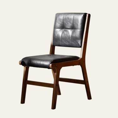 Imagem de Cadeira de jantar de madeira de meados do século com pernas de carvalho maciço, assento de couro estofado - Cadeiras de cozinha estilo fazenda (preto)