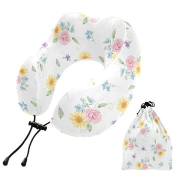 Imagem de Burbuja Almofada de pescoço de flores para viagem, almofada de viagem de espuma viscoelástica para suporte de cabeça de carro de avião dormindo, lavável na máquina e portátil
