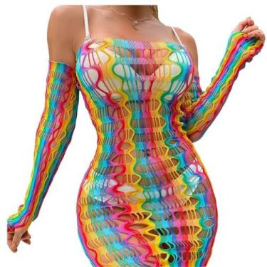 Imagem de Vestido Arrastão Arco Colorido Roupa Para Carnaval E Praia - lachine
