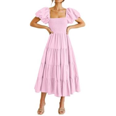 Imagem de Vestido PRETTYGARDEN Midi Rosa com Mangas Bufantes e Decote Quadrado X