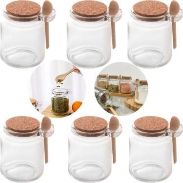 Imagem de Kit 6 Porta Temperos de Vidro com Colher de Bambu E tampa rolha 240ml 