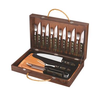 Imagem de Kit para Churrasco com Talheres Jumbo em Aço Inox 17 Peças com Tábua e Estojo de Madeir...