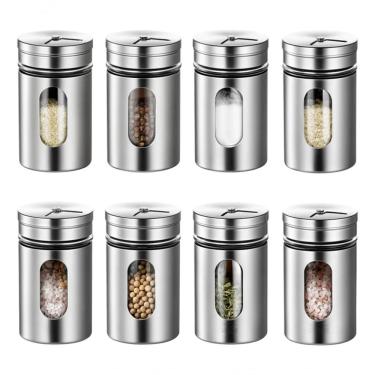 Imagem de Porta Temperos Condimento Vidro Inox Organizador Kit 8 com Tampa Giratória para Cozinha Inox Aquilae