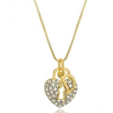 Imagem de Colar Floratta Joias Coração Cadeado de Zircônia e Inicial [F027] Banhado em Ouro 18k Dourado