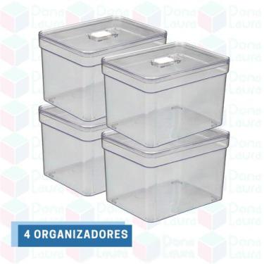 Imagem de Kit 4 Organizadores Alimento Geladeira Alto Retangular Tampa - PLASTUT