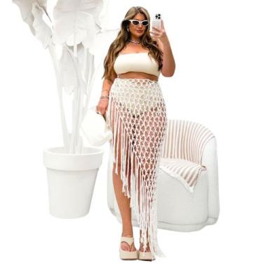 Imagem de Saída Praia Em Crochê Saia Plus Size Com Franja E Flor Búzios - Madame