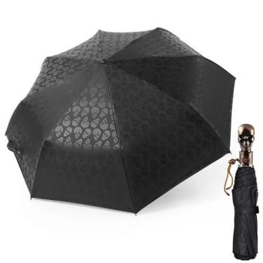 Imagem de Guarda-chuva Preto Com Estampa De Caveira, À Prova De Vento, Dobrável 