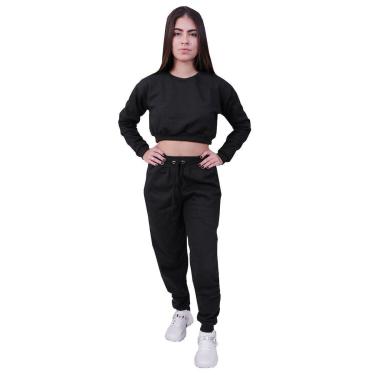 Imagem de Conjunto Moletom Cropped Infantil Liso Preto-Feminino